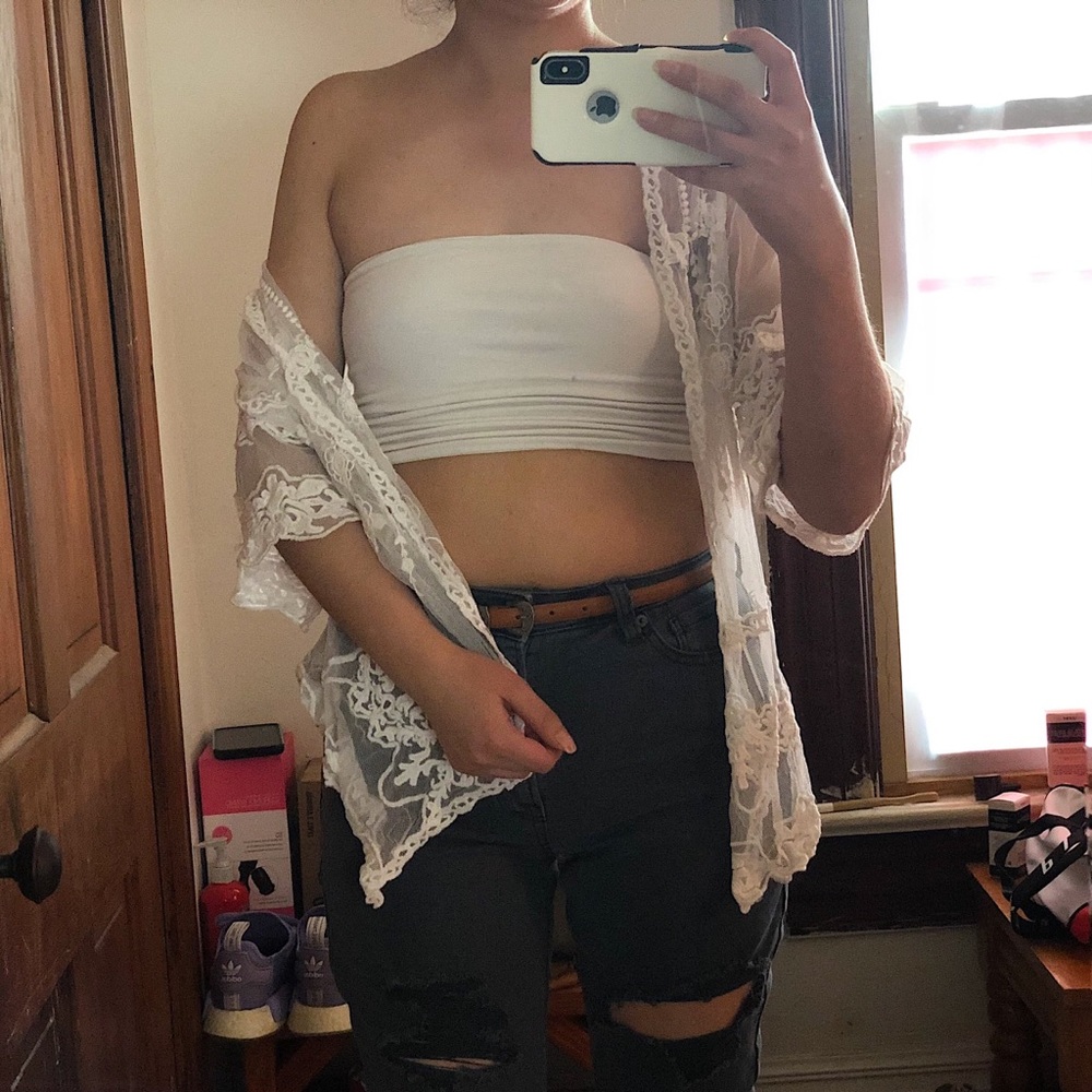 White Mesh Floral Kimono